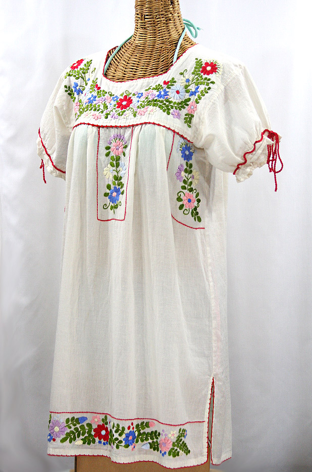 La Antigua Embroidered Mexican Style Peasant Dress - Off White