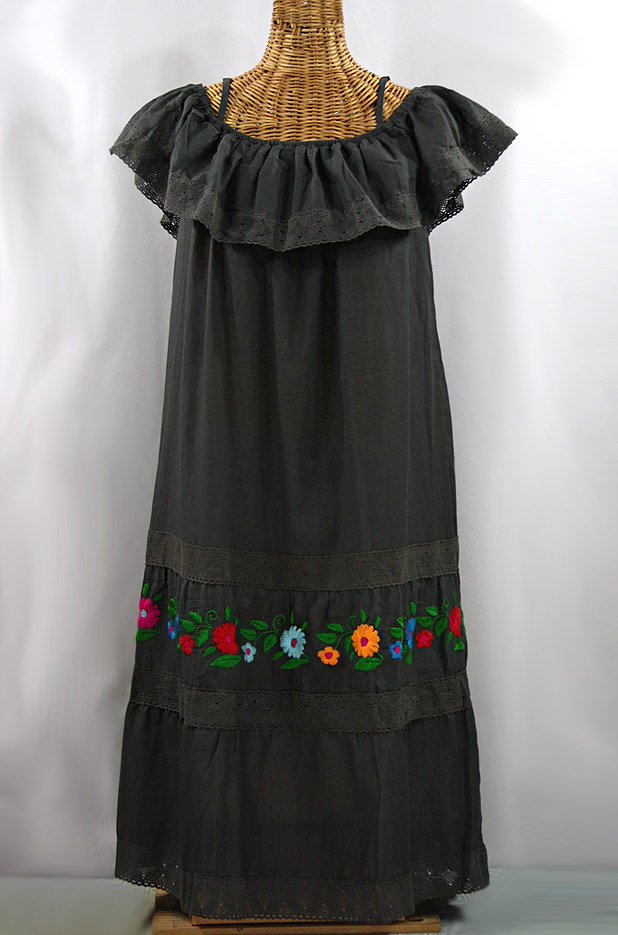 La Cantina Embroidered Ruffled Dress - Charcoal + Multi