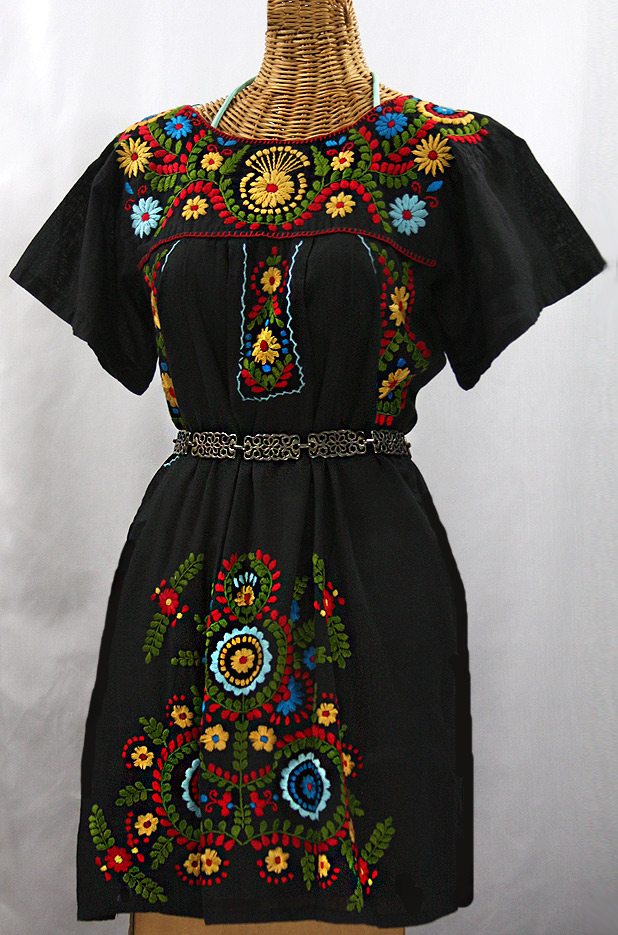 La Talavera Embroidered Mexican Dress - Black + Multi
