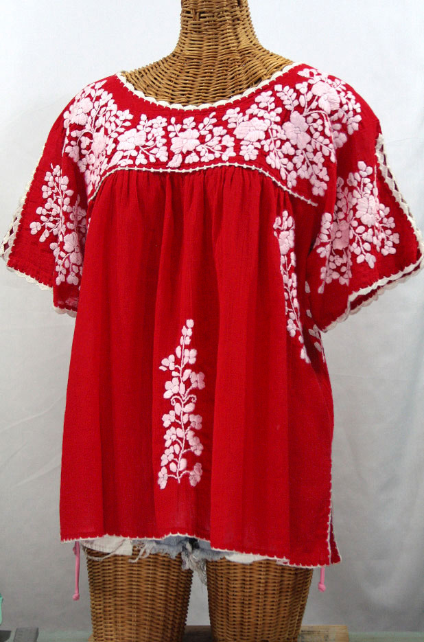 "Lijera Libre" Plus Size Embroidered Mexican Blouse - Red + White