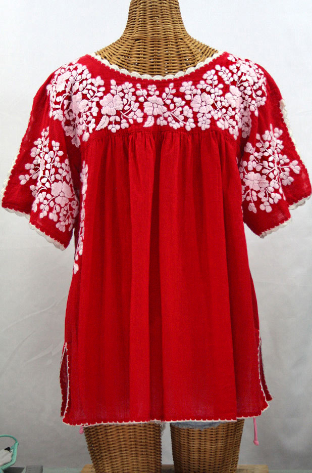 "Lijera Libre" Plus Size Embroidered Mexican Blouse - Red + White