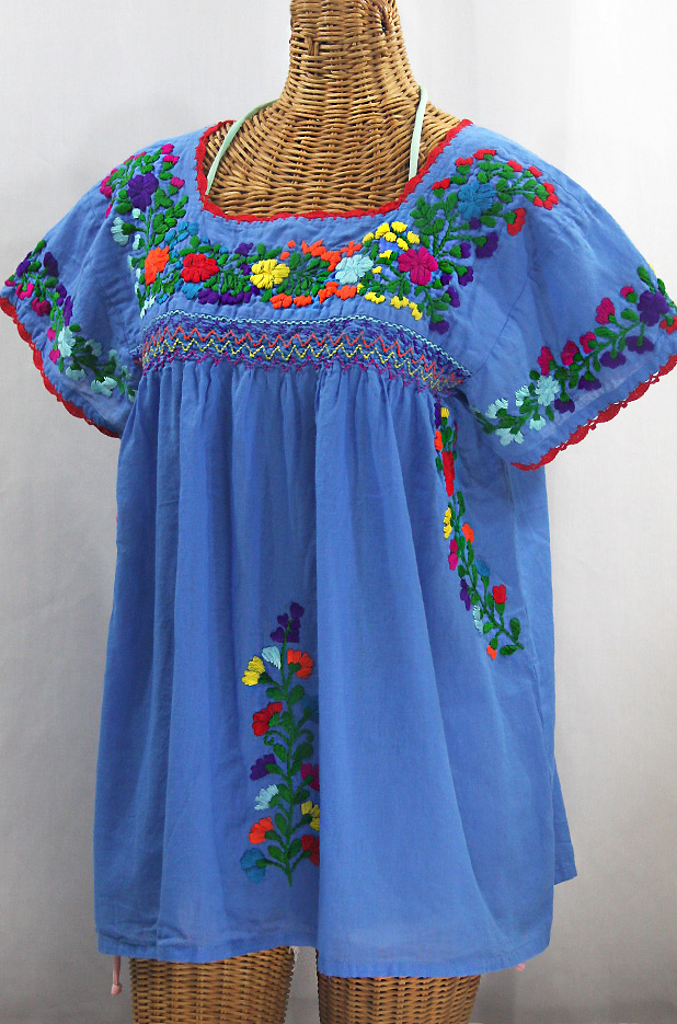 "La Marina Corta" Embroidered Mexican Peasant Blouse - Light Blue + Rainbow