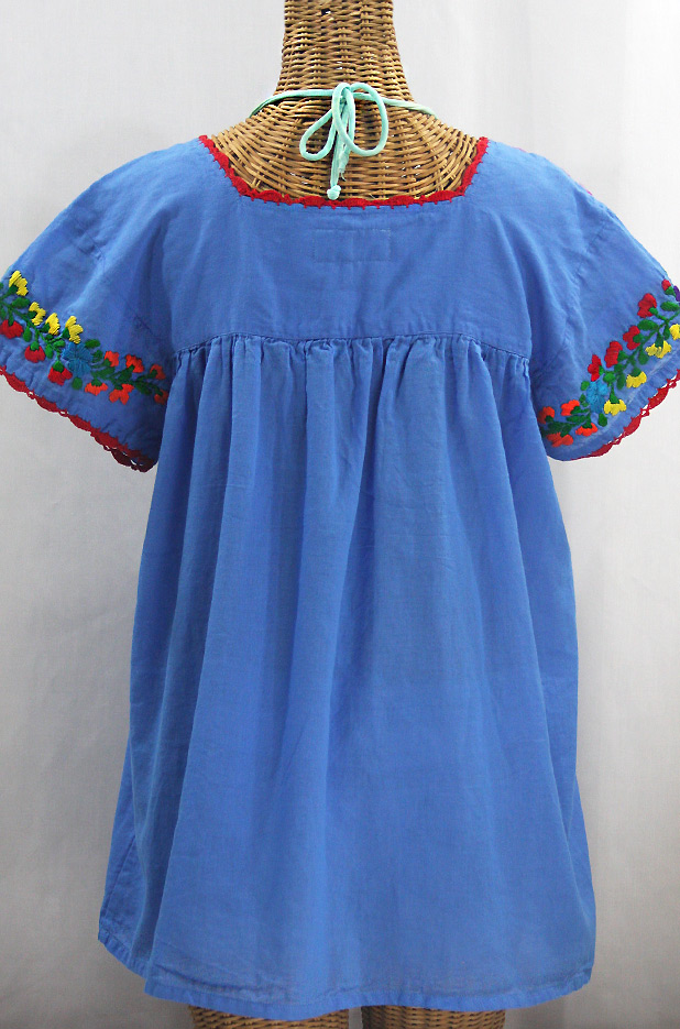 "La Marina Corta" Embroidered Mexican Peasant Blouse - Light Blue + Rainbow
