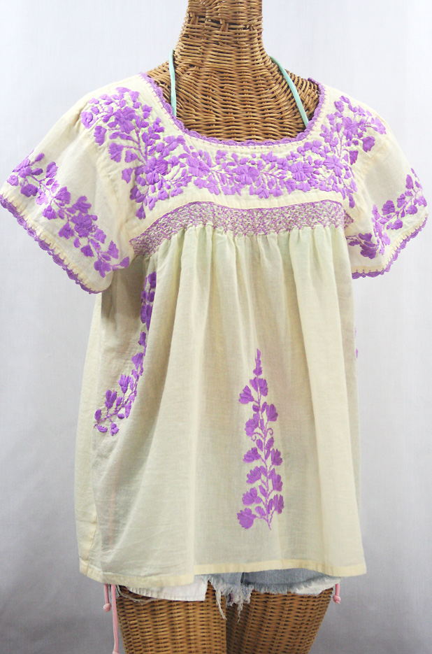waarom niet Gehakt Parel FINAL SALE -- "La Marina Corta" Embroidered Mexican Peasant Blouse - Pale  Yellow + Purple