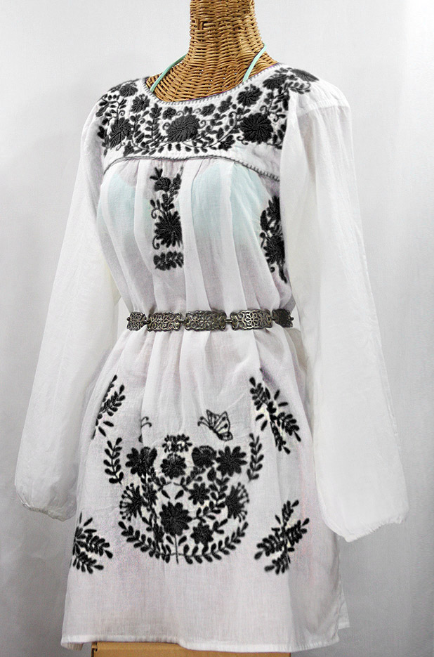 white and black embroidered dress