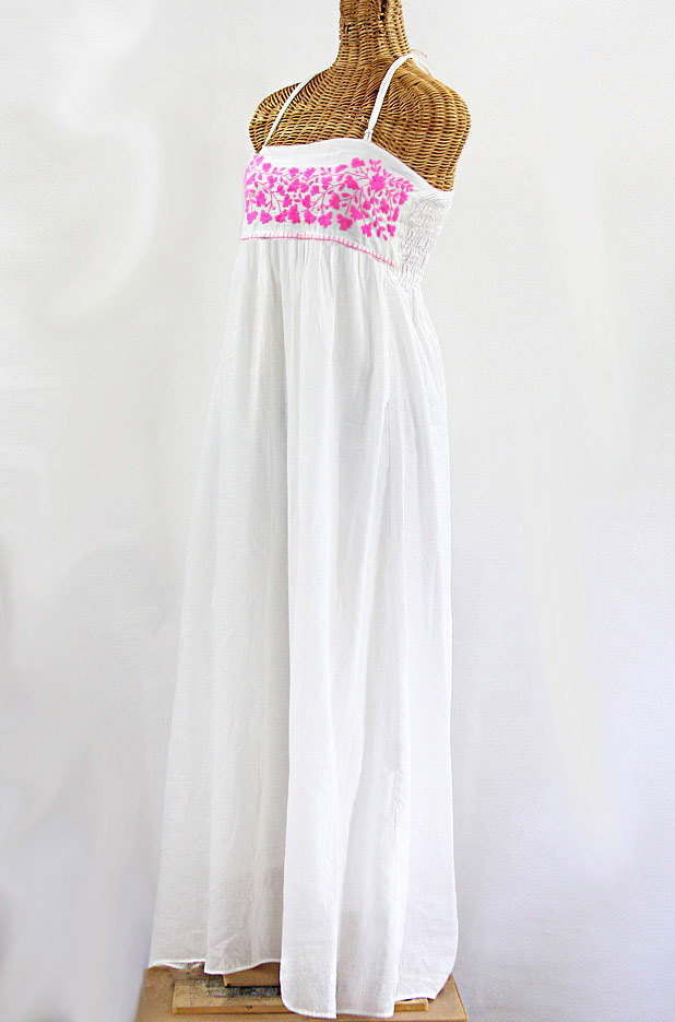 "La Mallorca" Embroidered Maxi Dress with Lining - White + Neon Pink