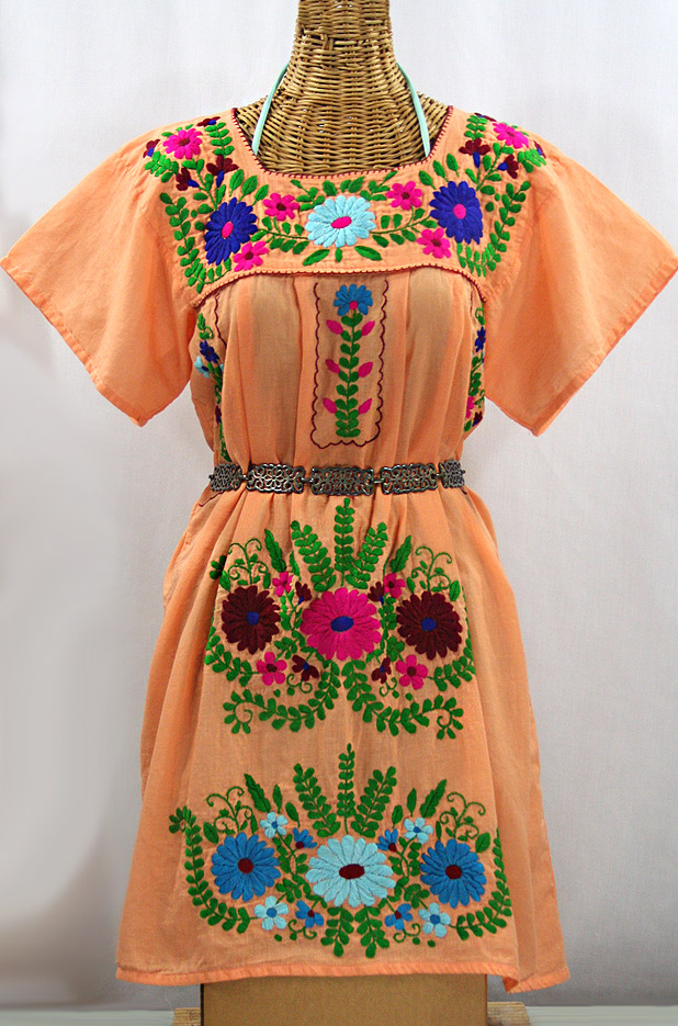 La Poblana Open Sleeve Embroidered Mexican Dress - Orange Cream + Multi
