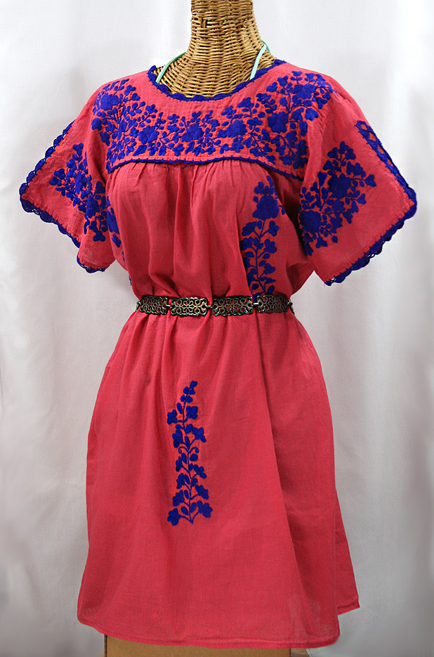 "La Primavera" Embroidered Mexican Dress - Tomato Red + Blue